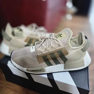 adidas Beige Knit Sneakers with Green Stripes